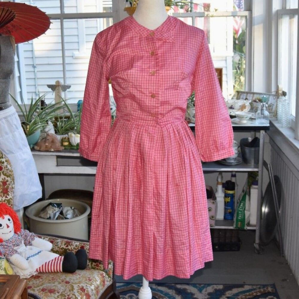 Vintage 50s 60s Queens-Way Pink Gingham Shirtwaist Dress Full Skirt Small